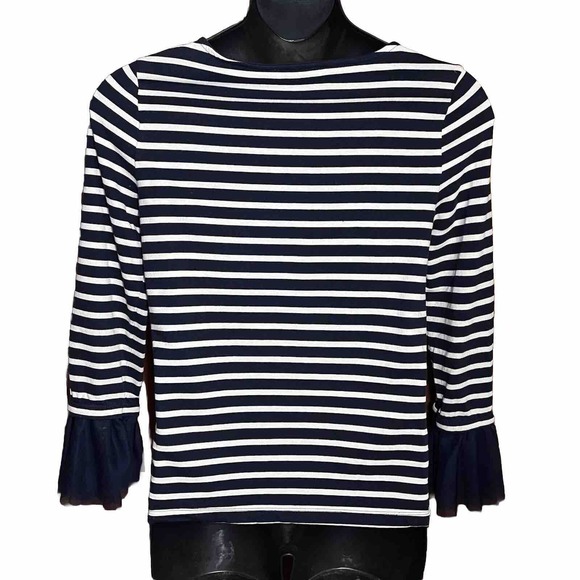 Beach Lunch Lounge Striped Top Ruffle Tulle Cuff Preppy Navy White Size Medium - Picture 5 of 11